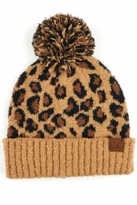 C.C Women Trendy Animal Leopard Jacquard Knit Beanie Hat with Knit Pom - Picture 1 of 9