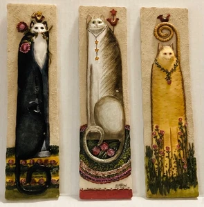 “Vintage E. Smithson Set of 3-3D Folk Art Cat Wall Plaques-Whimsical Cats ” - Picture 1 of 3