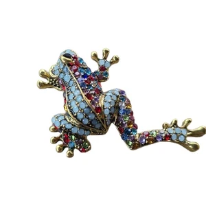 Vintage Frog Pin Brooch Gold Tone 1.75" Rhinestone Reptile Tree Frog Multicolor - Picture 1 of 13