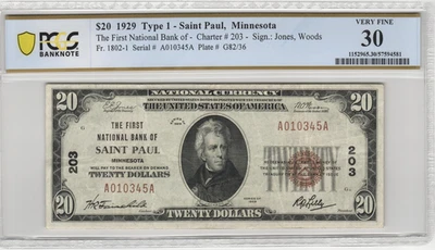 1929 Saint Paul Minnesota $20 National Banknote Charter 203 PCGS Very Fine 30 - Image 1 of 2