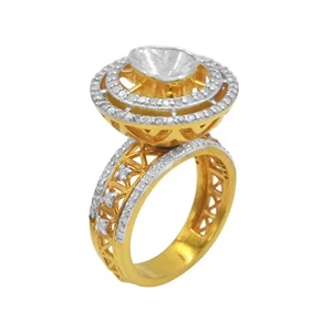925 Sterling Silver 18k Gold Plated Natural Diamond Polki Wedding Engagment Ring - Picture 1 of 6