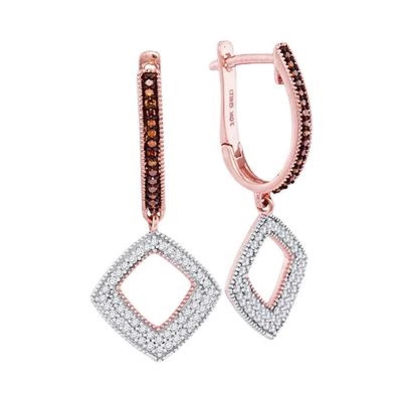 10K ROSE GOLD ROUND RED DIAMOND SQUARE DANGLE HOOP EARRINGS 3/8 CTTW - Image 1 of 1