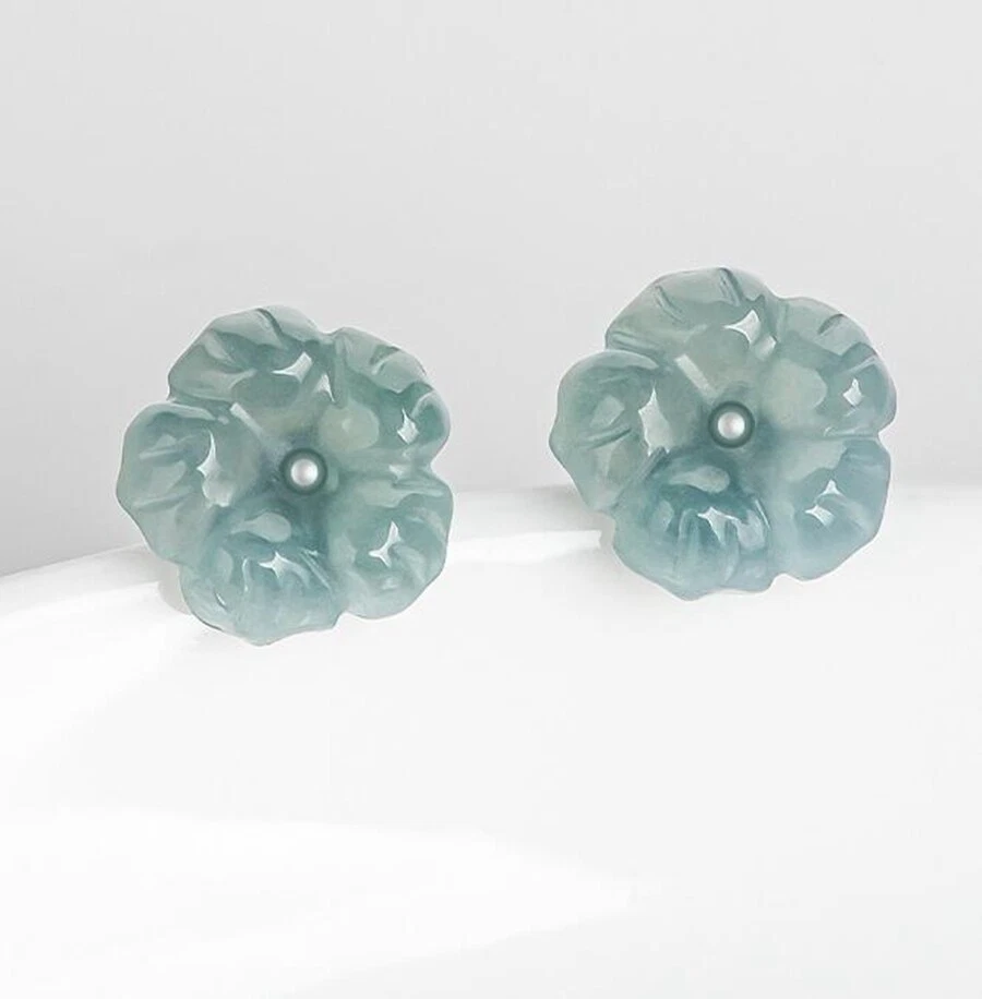Aretes certificados verde aceite jadeíta natural S925 plata flor melocotón Foto 1 de 1