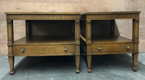 2 Drexels Mid Century Walnut Side Tables, Single Drawer Cover