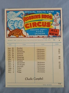 1965 Vintage ROBBINS BROS.  Circus Official Route Card #4 - Picture 1 of 2