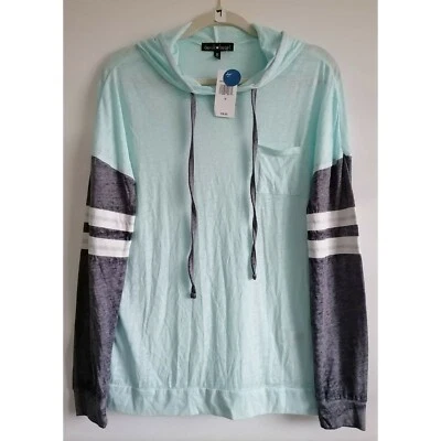 Camisa con Capucha Derek Heart Mujer Azul Gris Pullover Bloque de Color Bolsillo M Nueva Foto 1 de 4