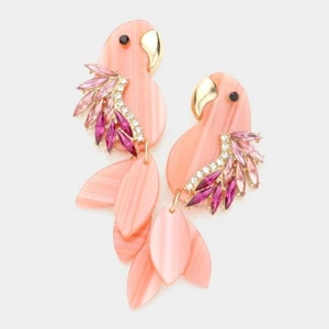 NEW Pink Celluloid Parrot w/ Rhinestone Wings & Gold Accents Dangle Earrings - Picture 1 of 1