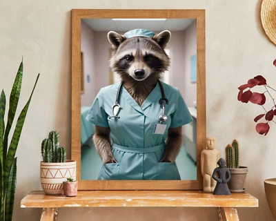 Retrato de mapache de enfermera, retrato de animales, retrato realista de animales, arte de pared Foto 1 de 3