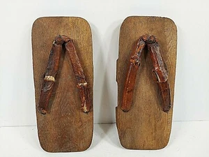 Japanese Wood Leather Getamashi Sandals Shoes Wartime Gift Vintage Pair 9x4" - Picture 1 of 10