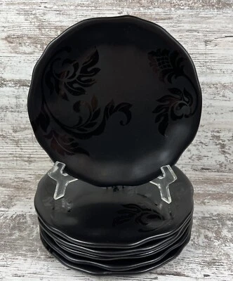 "6 hermosos platos de almuerzo para ensalada Ganz Bella Casa damasco negro 9"" nuevos con etiquetas" Foto 1 de 4