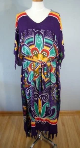 Tropical BOHO Dress Vibrant Fringe Kaftan Beach cover up fits size 2x-4x EUC - Picture 1 of 6