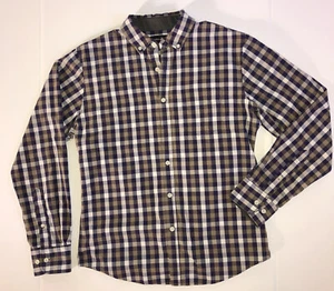 BevHillsPoloClub Casual Shirt Mens M Button Down 100% Cotton Blue Gray Tan Plaid - Picture 1 of 4