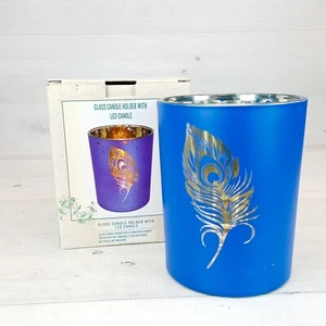 Candelabro de vidrio Tealight Pluma de pavo real de 5" con LED Tealight azul y plata NUEVO - Imagen 1 de 8