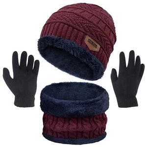 3 Pcs Boys Girls Winter Beanie Hat Scarf Gloves Set Thick Knitted Warm Winter... - Picture 1 of 6