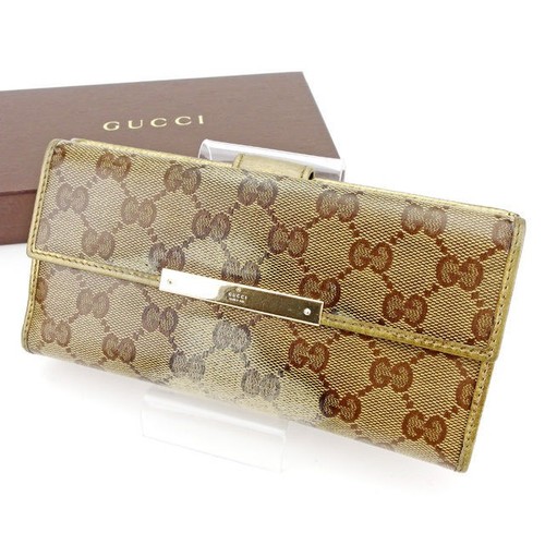 Gucci Portafoglio Lungo Doppio Gancio GG Tela Pelle Beige Marrone Oro