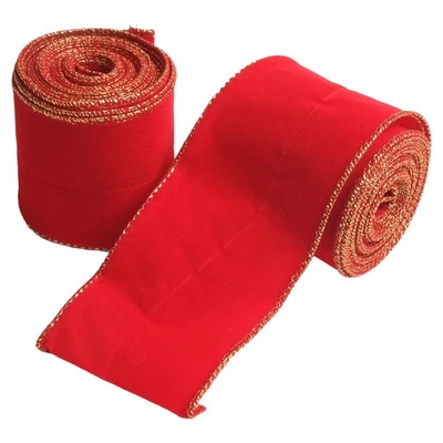 5 Yard Red Ribbon With Gold Thread Edge 2 Pieces For Holiday Decoration - Image 1 of 4
