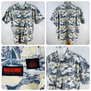 Wolverine Boots And Gear Men Sz XXL Hawaiian Shirt Fishing Boats White Beige  P4 - Picture 1 of 8