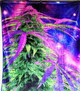 MARIJUANA LEAF LEAVES COSMIC WEED SPACE STARS QUEEN SIZE BLANKET BEDSPREAD - Picture 1 of 2