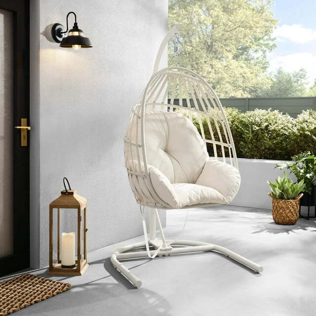 Silla Huevo Colgante Blanca con Cojín Exterior Hogar Patio Muebles Jardín Foto 1 de 4