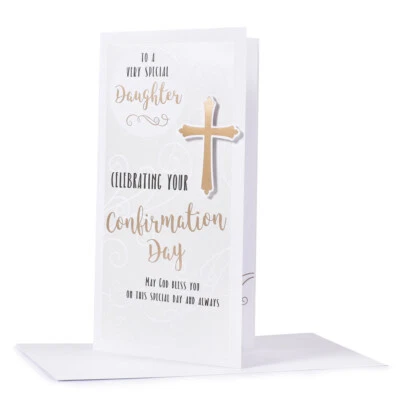 Daughter Confirmation Day Card - Bible and Cross with Gold Foil 9" x 4.75" - Image 1 of 2