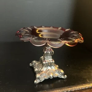 19th C Biedermeier Ruby Cut To Clear Glass Compote Bowl Dish 812 Silver Footed - Picture 1 of 20