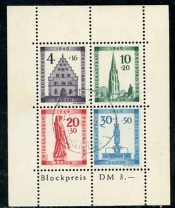 Germany 1949 Baden Freiburg Reconstruction Sheet Sc# 5NB8a Block VFU F139 - Picture 1 of 2