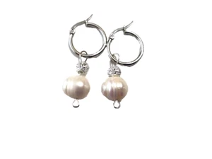 Large Freshwater Pearl (11-12mm) Earrings in Tarnish-Free Stainless Steel Hoops - Picture 1 of 2