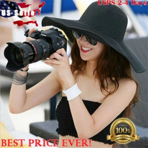 Women's Summer Large Floppy Folding Wide Brim Hat Sun Grass Beach Outdoor Hat - Picture 1 of 16
