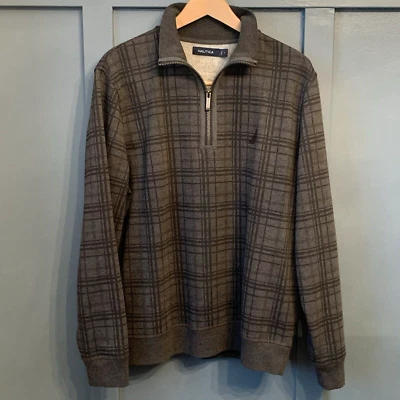 Nautica 1/4 Zip Sweatshrt Men Size L Large Gray Plaid Long Sleeve Pullover - Image 1 of 4