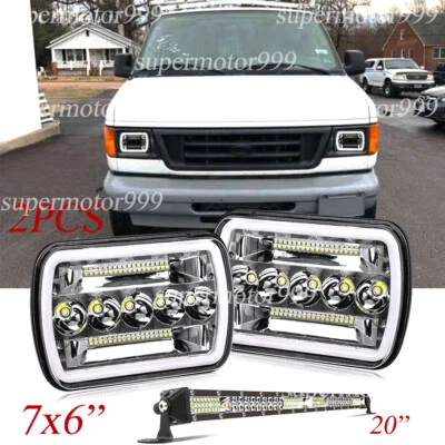 Fit Ford E-150 E-250 2003-2014 Van 2PCS 7x6'' LED Headlights DRL+20'' Light Bar - Image 1 of 4