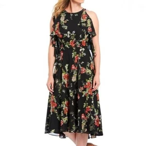 NEW NWT ALEX MARIE Laurel Chiffon Midi Dress Black Coral Red Pink Floral Party 4 - Picture 1 of 10