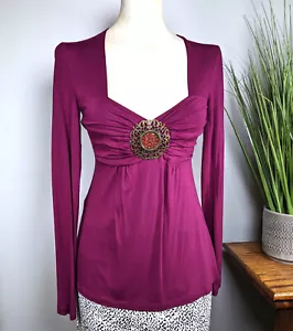 Vertigo Y2K ruched bodycon medallion Baby Doll stretch tunic top Sz M Purple - Picture 1 of 6