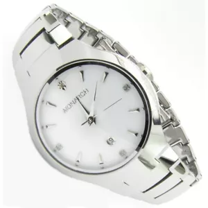 Reloj de pulsera de lujo MONARCH tungsteno tungsteno carburo fecha plata blanco 3ATM Limited - Imagen 1 de 3