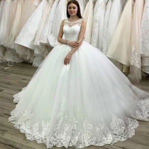 Ball Gown Wedding Dress for Bride Lace Applique Crew Neck Princess Bridal Gown - Picture 1 of 7