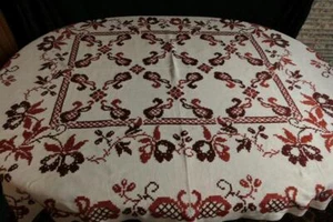 ANTIQUE NATURAL LINEN TABLECLOTH BROWN CROSSSTITCH EMBROIDERY FLORAL ORNAM 59x48 - Picture 1 of 5