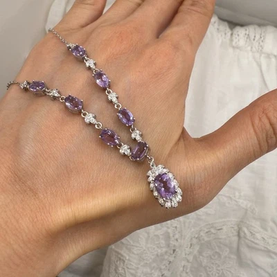 925 Sterling Silver Necklace 6x4mm Natural Amethyst Gemstone Pendant Women Gift - Image 1 of 4