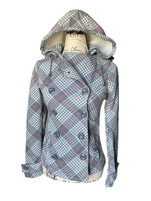 Chaqueta a Cuadros Wet Seal Blanca Roja Gris Capucha Extraíble Mujer’s Talla Pequeña Foto 1 de 4