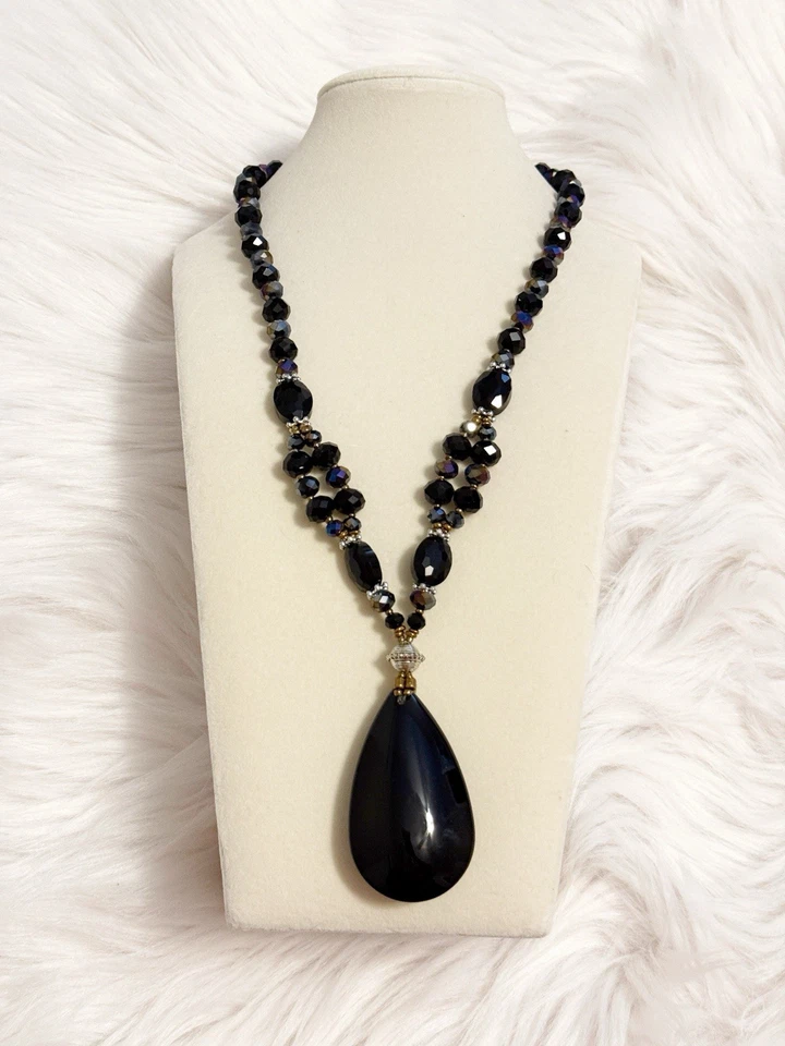 Declaración Collar Colgante Lágrima Vidrio Negro Artesanal Facetado AB Cuentas de Vidrio Foto 1 de 4