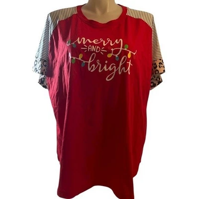 T-Shirt 4X Red Christmas "Merry & Bright" Colorblock Stripe Leopard Holiday Tee - Image 1 of 3