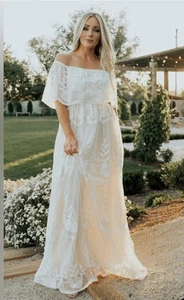 Baltic Born Leon Off Shoulder Maxi Dress Large White Embroidered Lace Floral - Picture 1 of 9