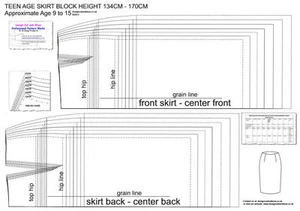 TEEN AGE SKIRT PATTERN BLOCKS AGE 9 TO 15- SLOPER -HEIGHT 134cm-170cm - DESIGNER - Picture 1 of 1