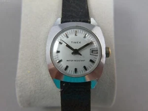 VTG Timex Watch Women 25mm Silver Tone Date New Leather Band Manual Wind - Picture 1 of 11