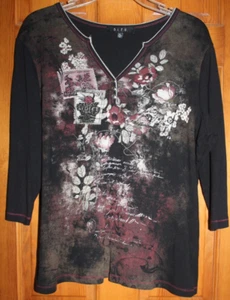 Womens B.L.E.U. Rhinestone Buttons Rose Black Western 3/4 sleeve Shirt Sz XL - Picture 1 of 5
