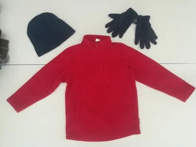 Lot  5ans Pull Polaire Rouge Gant Polaire Bleu Marine+ Bonnet Vêtements Garçon  - Photo 1/2