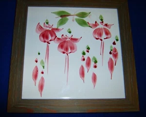 Vtg Wall Tile Modern Art Fuchsia Floral Framed by Lapis Moon Gallery 9.5" x 9.5" - Picture 1 of 6