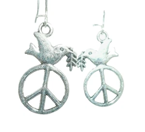 New PEACE Sign with Dove of Peace Polished Silver-tone Dangle Earrings 2" Long - Picture 1 of 3