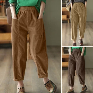 ZANZEA Women Elastic Waist Corduroy Long Pants Loose Harem Trousers Bottoms Plus - Picture 1 of 12