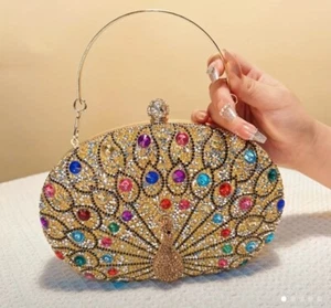 Peacock GOLDEN Rhinestone Evening Bag Luxury Beaded Clutch Purse Gold Trim Chain - Picture 1 of 13