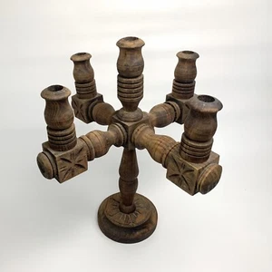Vintage handgeschnitzter Kerzenleuchter aus Holz 6-armig Volkskunst Kerzenhalter - Bild 1 von 10