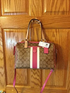 Coach Signature Stripe PVC Satchel Crossbody. F24362 Khaki/Mulberry NWT - Picture 1 of 10